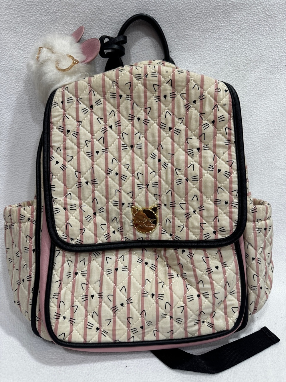 Betsey Johnson Pink & Cream Quilted Cat-Print Backpack